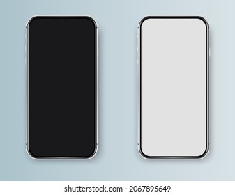 Isolated cell phone, black and white mockups. Isolated empty cellular templates. Realistic silver phone mockup for presentation.