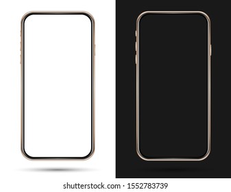 Un teléfono móvil aislado se burla de un fondo blanco y negro. Teléfono dorado