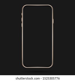 Isolated cell phone mockup. Vector mobile phone frame. User interface design. Golden phone mockup on the dark background.