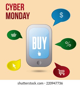 an isolated cellphone with colored chat bubbles and icons for cyber monday