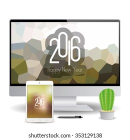 Isolated cellphone and a computer screen with new year screensavers