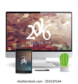 Isolated cellphone and a computer screen with new year screensavers
