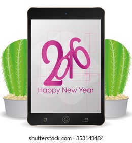 Isolated cellphone with a pair of cactus and a new year screensaver