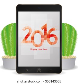 Isolated cellphone with a pair of cactus and a new year screensaver