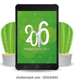 Isolated cellphone with a pair of cactus and a new year screensaver