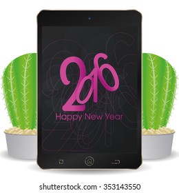 Isolated cellphone with a pair of cactus and a new year screensaver