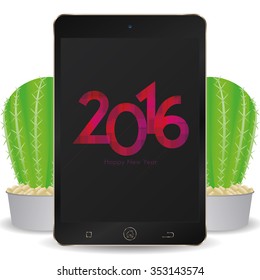Isolated cellphone with a pair of cactus and a new year screensaver