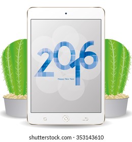 Isolated cellphone with a pair of cactus and a new year screensaver