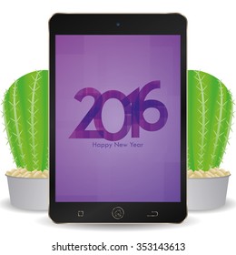 Isolated cellphone with a pair of cactus and a new year screensaver