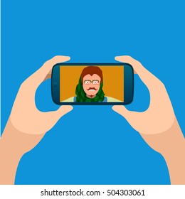 Isolated cellphone with a selfie of a hipster, Vector illustration
