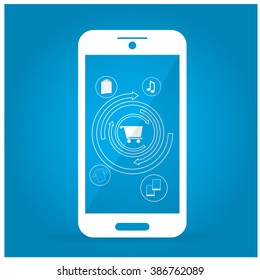 Isolated cellphone with a shopping cart and different app icons on a blue background