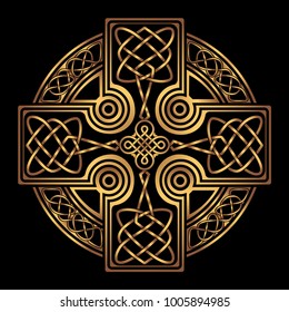 isolated Celtic cross from national Scandinavian ornament. Symbol of Druids, Ireland and Scotland. Golden vector sign on a black background