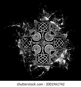 isolated Celtic cross from national Scandinavian ornament. Symbol of Druids, Ireland and Scotland. Brutal watercolor black and white monochrome dirty traced background. Tattoo and printing on t-shirts