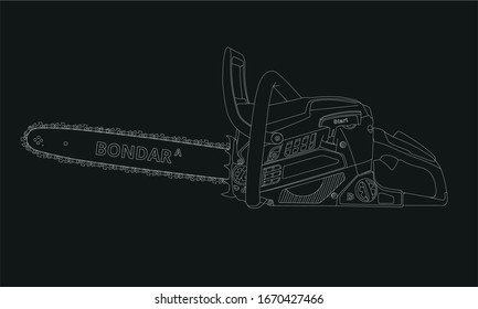 Isolated chain saw made from white lines on black or dark background. Vector