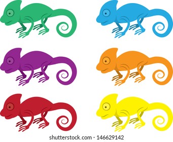 Isolated chameleons in various colors 