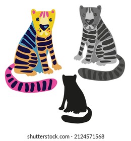 Isolated character design of a cute tiger, grey and colorful. The design is perfect for printing on paper, stickers, badges, bijouterie, cards, textiles, character design