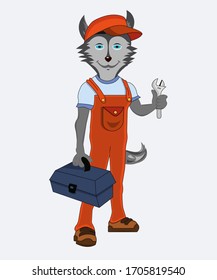 
Isolated character dog husky dog ​​plumber profession with a wrench and a suitcase with tools dressed in orange uniform vector