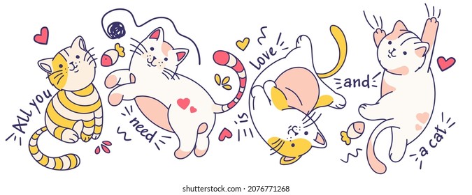 Isolated character funny set of cats. Used as tshirt print, tee design concept, Doodle cartoon style set. Drawing vector illustration.