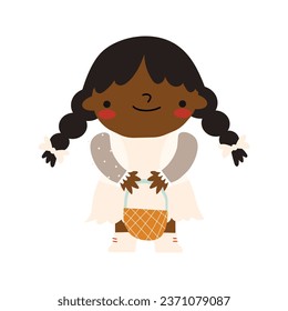 Isolated character girl with dark skin and in a light dress, holding a basket. vector illustration. 