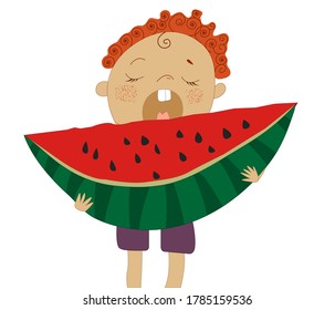 
Isolated character little boy with red curly hair holding and eating a big piece of watermelon summer vacation on a white background