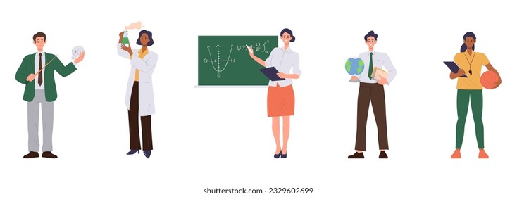 Isolated character set of man and woman teacher, tutor and educator standing on white background