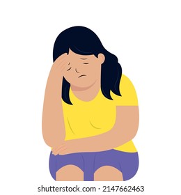 Isolated character. Tired girl. Headache. Cartoon flat illustration.