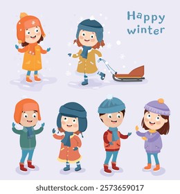 isolated characters children in winter clothes