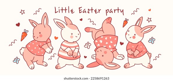 Isolated characters, funny bunnies with happy Easter slogan. Used as tshirt print, tee design concept. Doodle pastel pink cartoon style set. Cute kawaii drawing vector illustration.