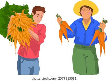 Isolated characters holding bunches of carrots.
Vector illustration.