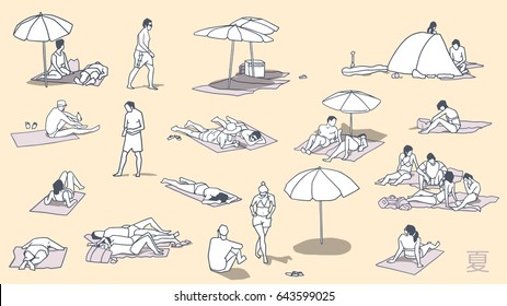 Isolated characters relaxing and sunbathing on beach from high angle view in color, with japanese symbol `summer` in lower right corner.
