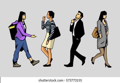 Isolated characters walking in casual and elegant outfits in color