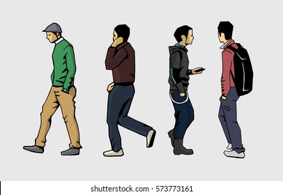 Isolated characters walking in casual and elegant outfits in color