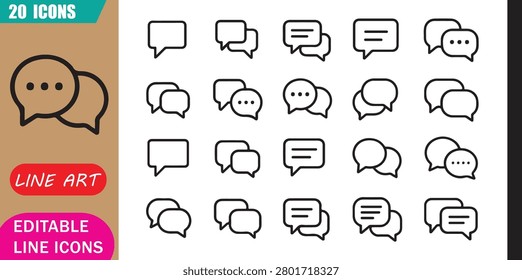 Isolated chat bubble icons set, 20 editable line art icons set, message chat bubble, communication conversation, text messaging discussion, contact dialogue theme style, clean outline vector