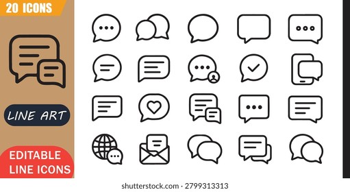 Isolated chat messaging icons set, 20 editable line art icons set, chat graphics messaging, communication graphic design, creative digital conversation, media theme style, clean outline vector