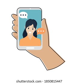 Chat aislado actividad de smartphone en casa con icono de manos- Vector