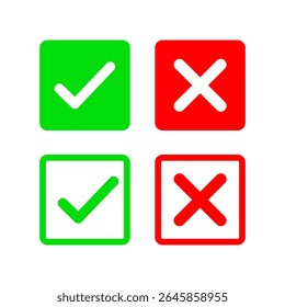 Isolated Check Mark and Cross Icon Vector Set, Isolated Green Tick and Red X Symbol for UI, Approval, Error, and Notification Design, Editable