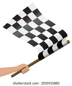 Isolated checkered flag held by a hand on a white background