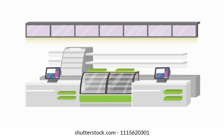 Isolated checkout zone with furniture and equipment: cash register machine, tables, display refrigerator , racks, stands, shelves and banners. Template layered vector illustration . 