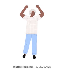 Isolated cheerful elderly man with gray hair raising arms in joy on white background vector illustration