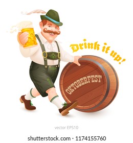 Isolated cheerful fat man in a Bavarian suit walks, holding a mug of beer in his hand, pushes a wooden barrel. Vector moustached character with a feather hat and Lederhosen pants. Oktoberfest poster.