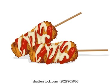 Isolated cheese corn dog fried with tomato sauce and cheese on bamboo stick. Korean street food. Asian food drawing vector illustration on white background.  