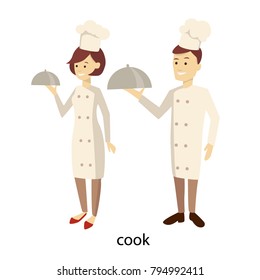 Isolated chef couple in uniform with meal on white.