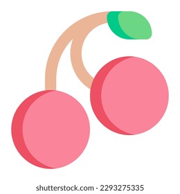 Cerezas aisladas en icono plano sobre fondo blanco. Cerezo, fruta, comida saludable, tropical, verano, primavera