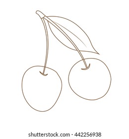 Isolated cherry outline silhouette with a leaf on the white background. Outline cherry icon. Vector illustration