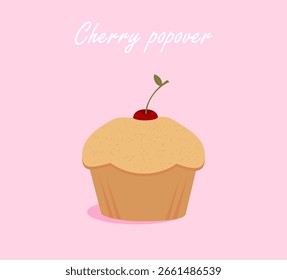 Isolated cherry popover on pink background. Vector food illustration in cartoon style