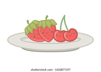 Isolated cherry and strawberry fruit with leaves design