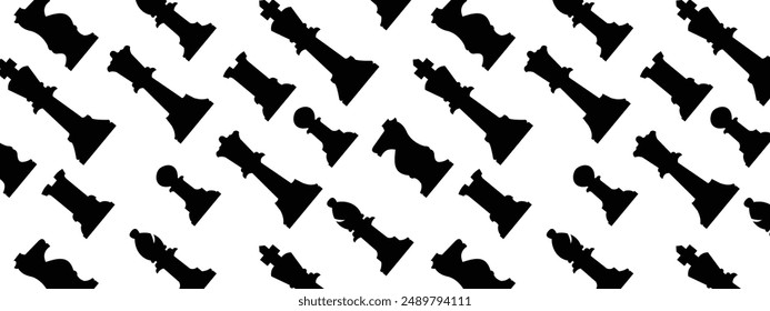 Isolated chess pawn, rook, knight, queen, and king silhouettes in a seamless pattern. Perfect for chess-themed designs, game illustrations, and educational materials. High-quality vector art