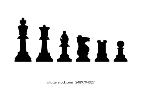 Isolated chess silhouettes including pawn, rook, knight, queen, and king. Ideal for chess-themed designs, educational materials, and strategic illustrations. High-quality vector background