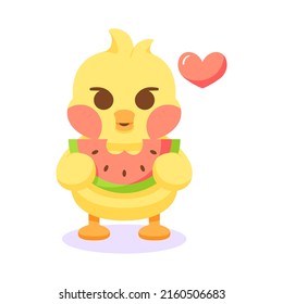 Isolated chick cartoon character eating a watermelon Vector illustration