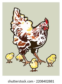 Isolated chicken and chicks poster. Vector illustration.